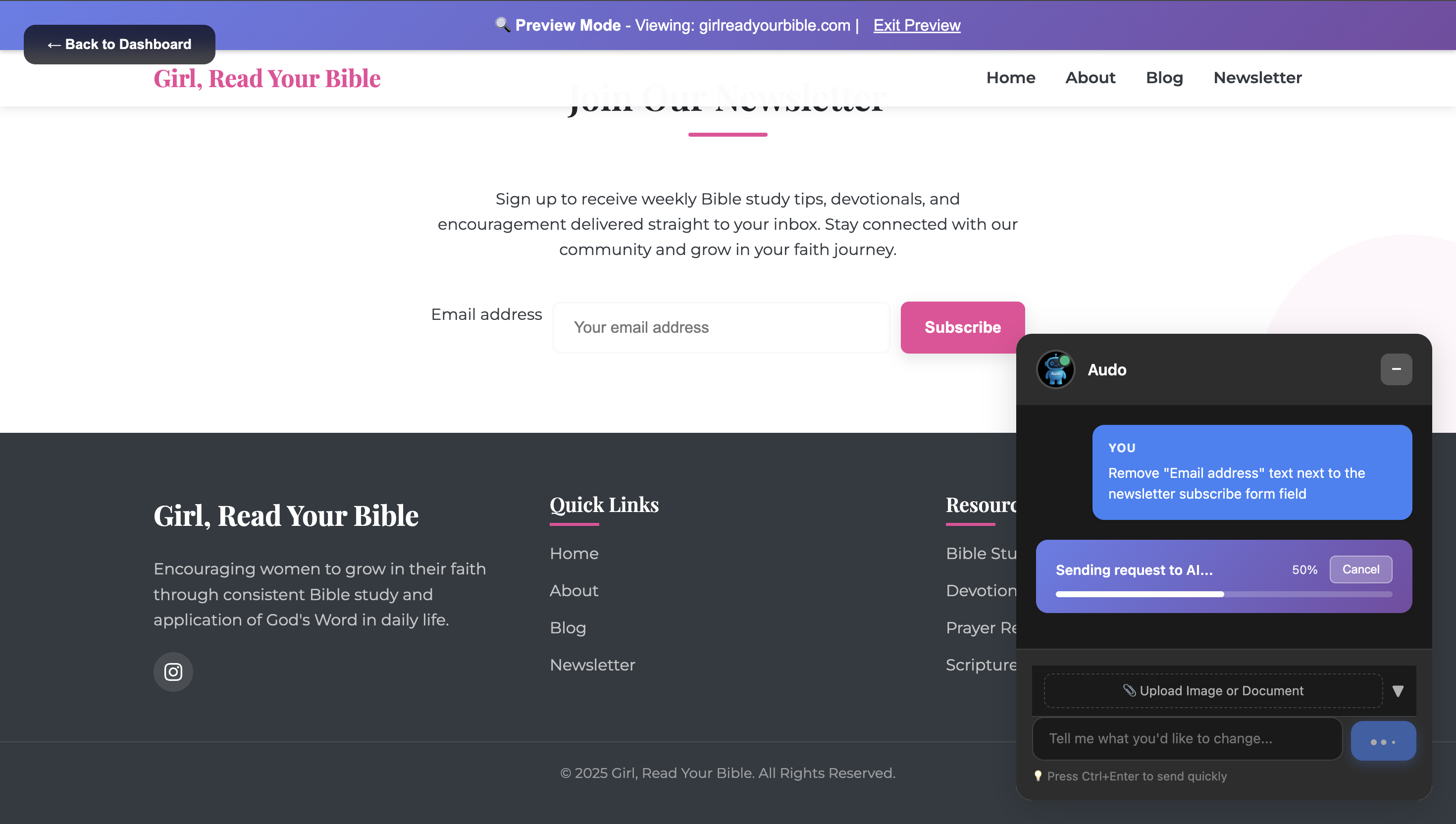 Audo AI Assistant in action - editing a website with natural language